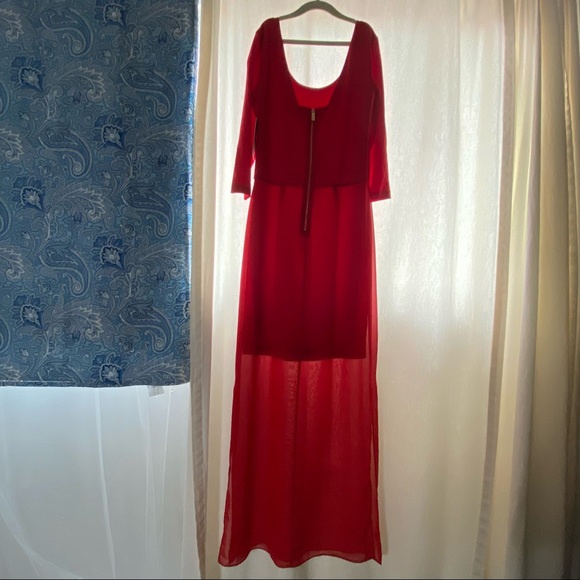 Red sheer formal mini slip with maxi dress over two slide slits Vince Camuto XS - Picture 2 of 7